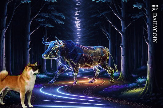 Dark forest with neon tracks on the ground and a neon light bull walking towards a Shiba Inu with sunglasses on.