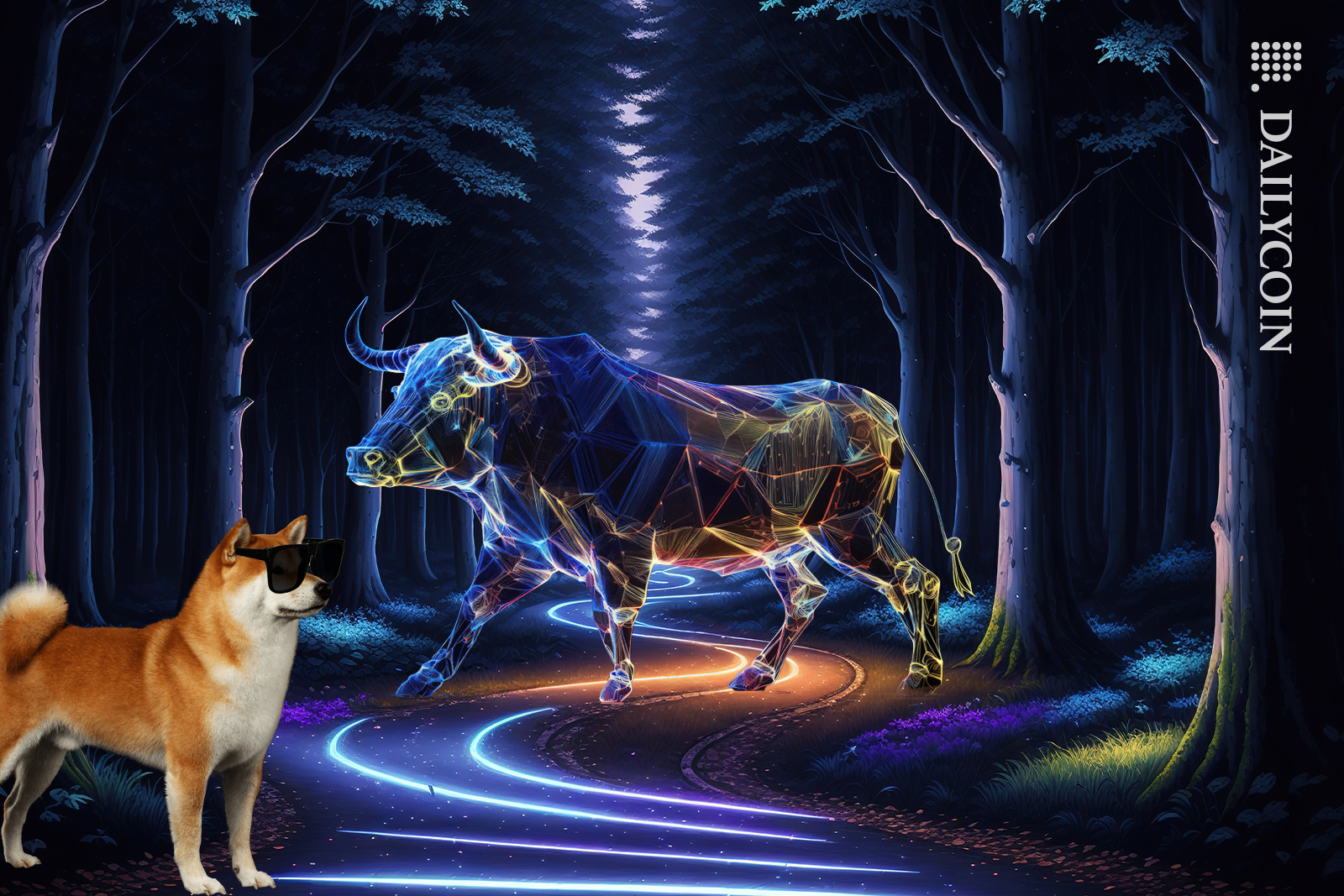 Dark forest with neon tracks on the ground and a neon light bull walking towards a Shiba Inu with sunglasses on.