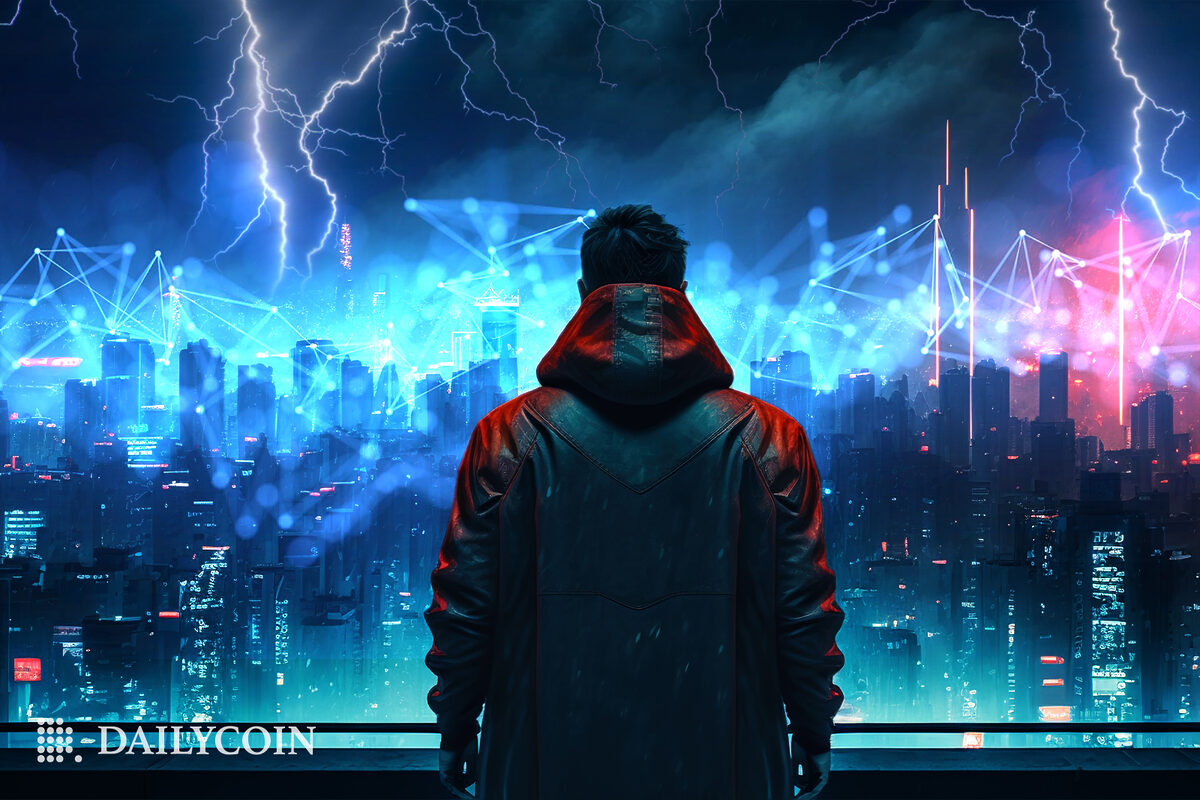 A man staring at a far away futuristic city surrounded by lightning and Blockchain.