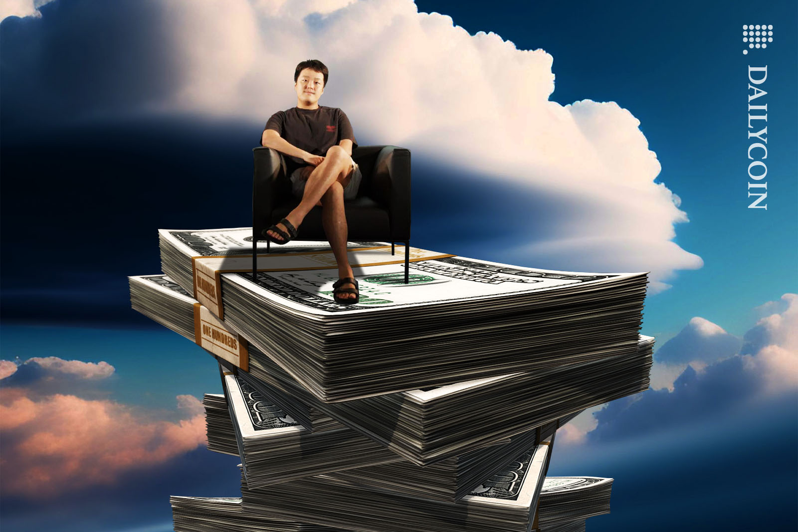 Do Kwon sitting on a giant pile of cash sky high wearing shorts and slippers.