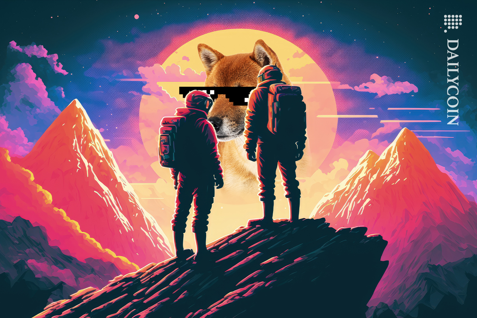 Two explorers on a cliff edge looking at the moon with DOGE character.