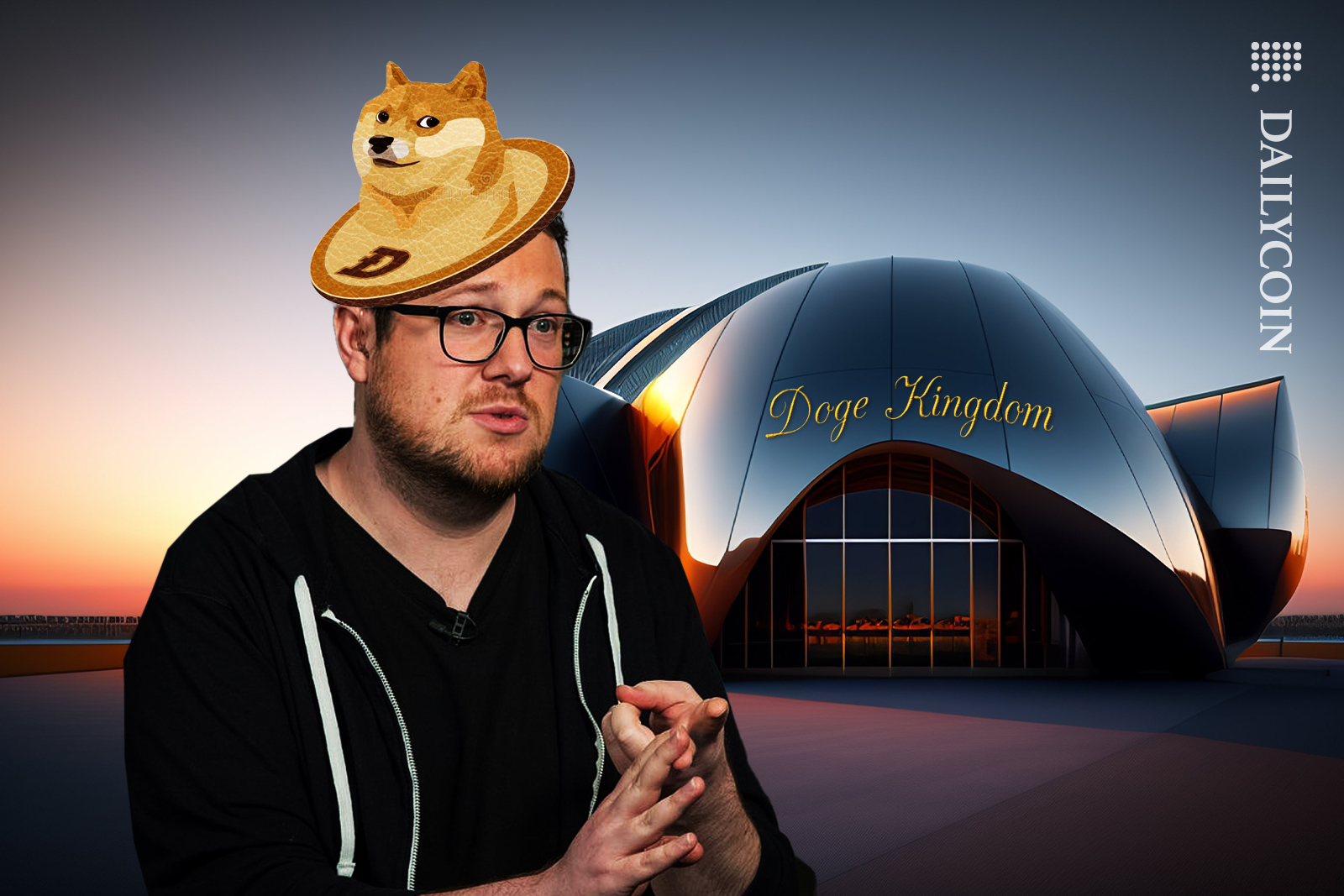 Billy Markus wearing a Doge coin cowboy hat is talking and explaining in front of a modern house with a gold Doge Kingdom sign above the entrance door.