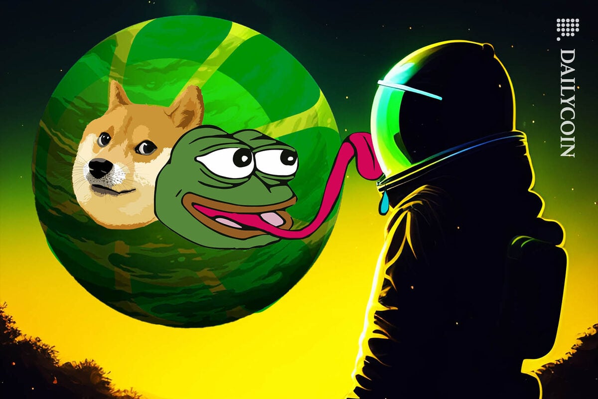 An astronaut staring at a planet resembling a Limewire logo, whilst being licked on the face by Pepe the frog.
