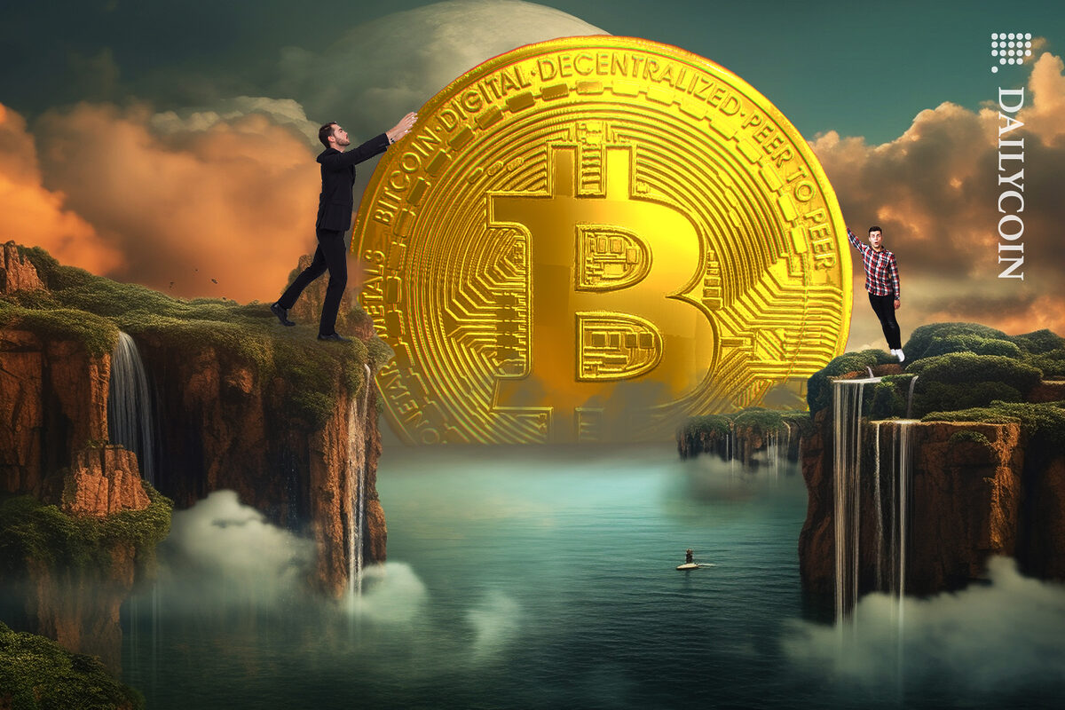 Huge bitcoin resting in the ocean between mountains while two men, one on each side of the cliff, are trying to reach it.