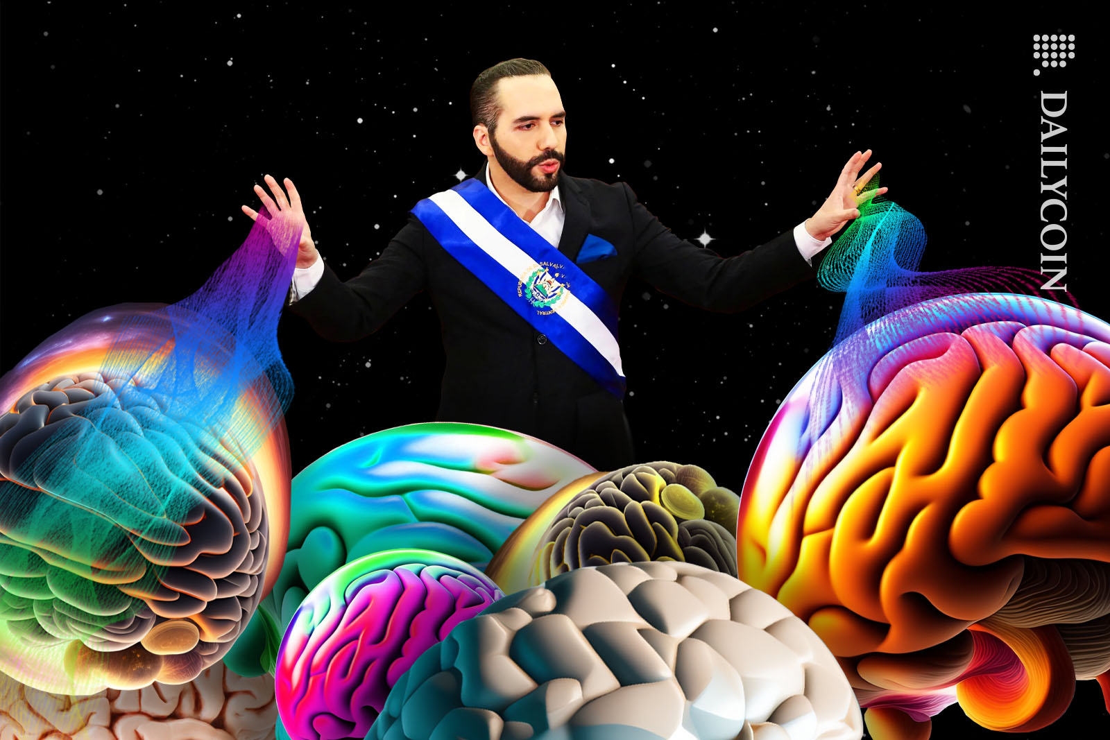 Nayib Bukele extracting knowledge from the large brains he is surrounded by.