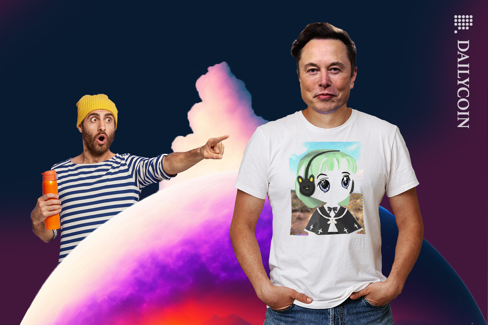 A very excited hipster guy pointing at Elon Musk wearing a milady NFT T-shirt.