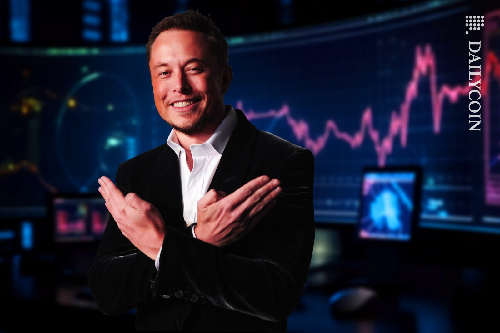 Elon Musk showing an X with his arms inside of a high-tech crypto command centre.