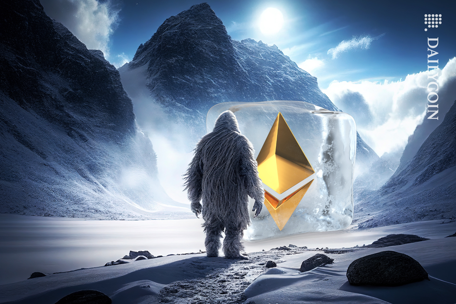 A yeti in the snowy mountains finds Golden Ethereum logo frozen in a massive ice cube.