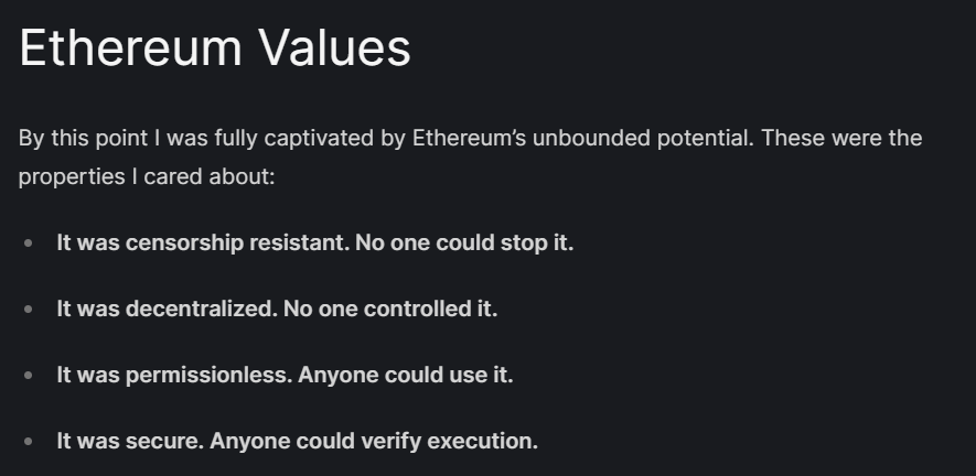 Ethereum's decentralization values. 
