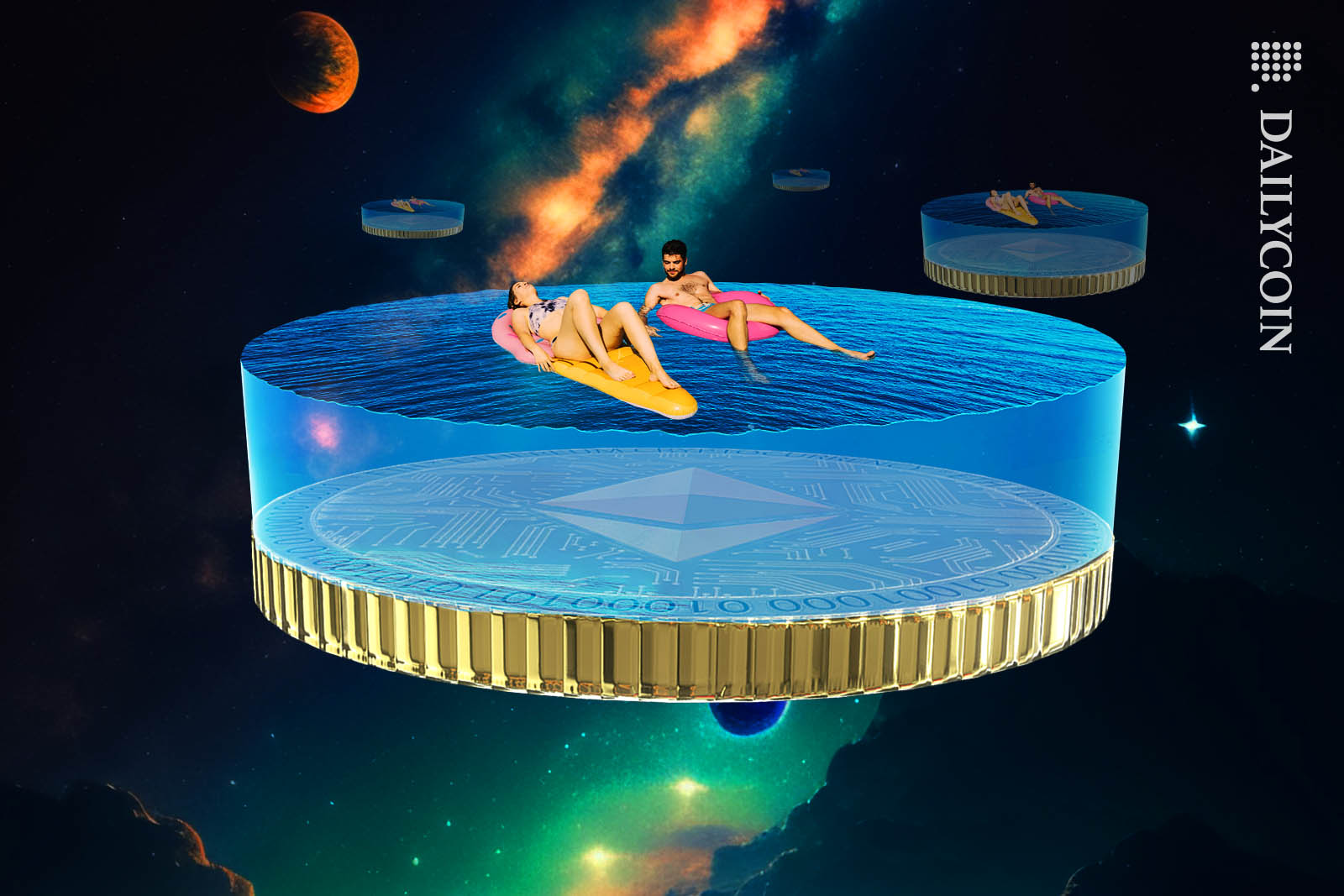 Couple floating on inflatable rafts in their staked Ethereum in outer space.