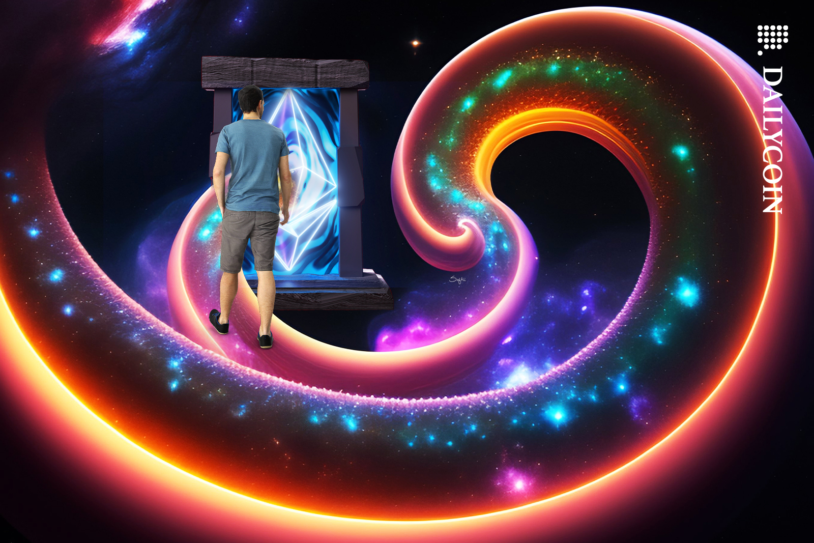 Man walking on a glowing cosmos spiral towards a door with shining Ethereum logo.