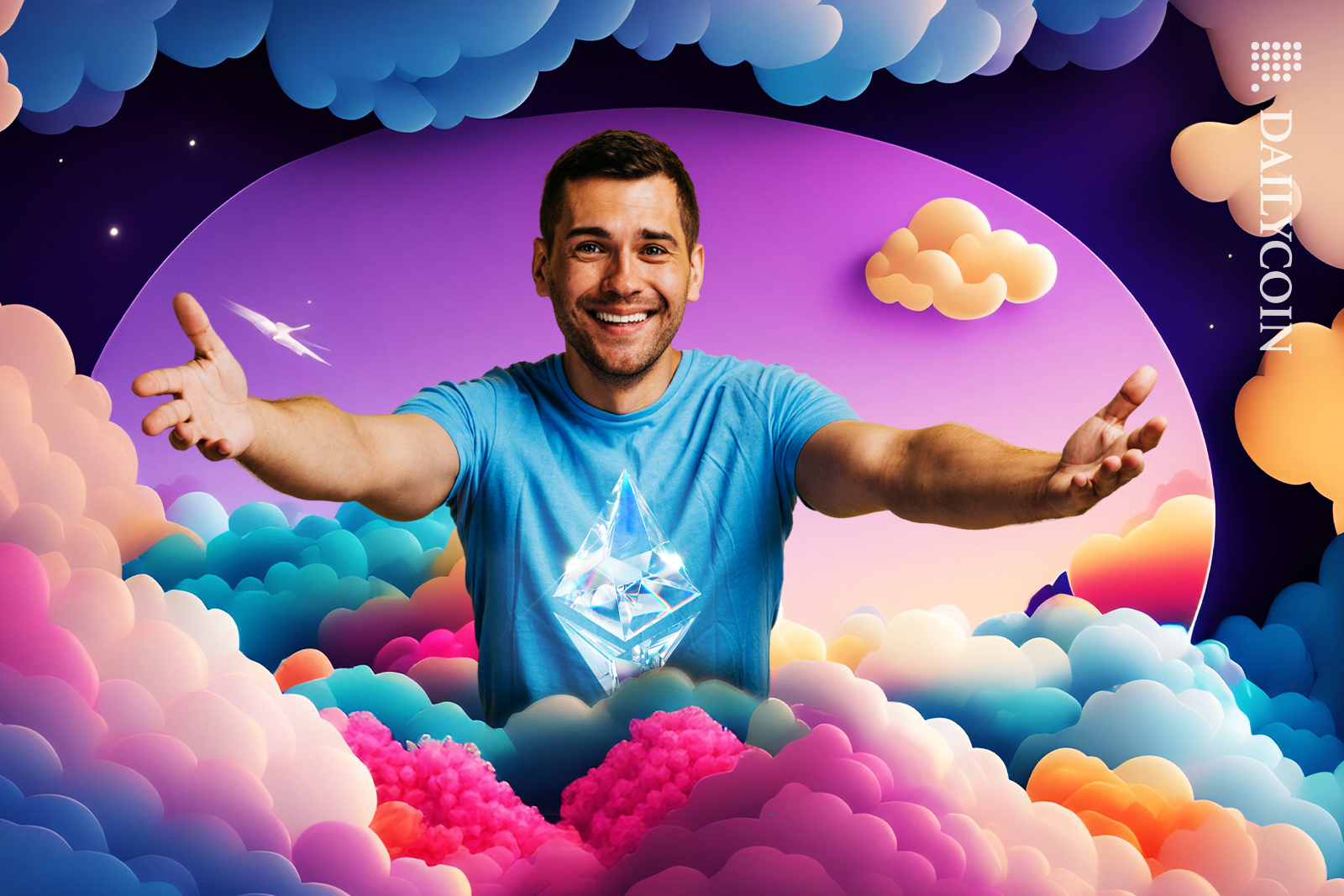 Happy man in the clouds is welcoming with his arms wide open and Ethereum gem logo on his t-shirt.