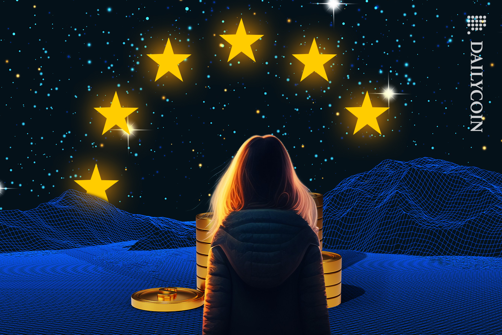 Girl sitting in front of stack of crypto coins looking into the night sky which has European Union stars.