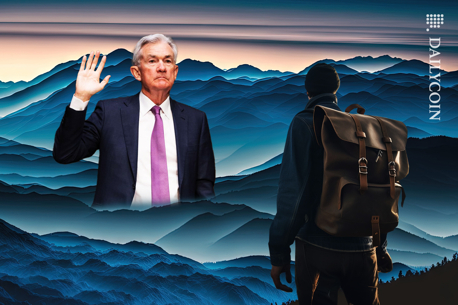 A man with a backpack hiking towards a valley surrounded by mountains and is staring at a giant Jeremy Powell with his hand holding up.