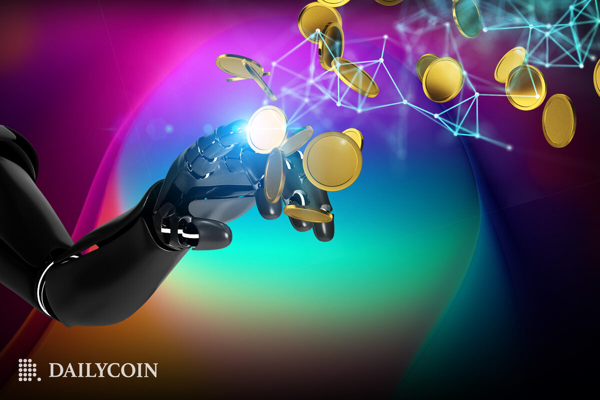 Robot hand reaching towards crypto coins which are tangled in network chain.