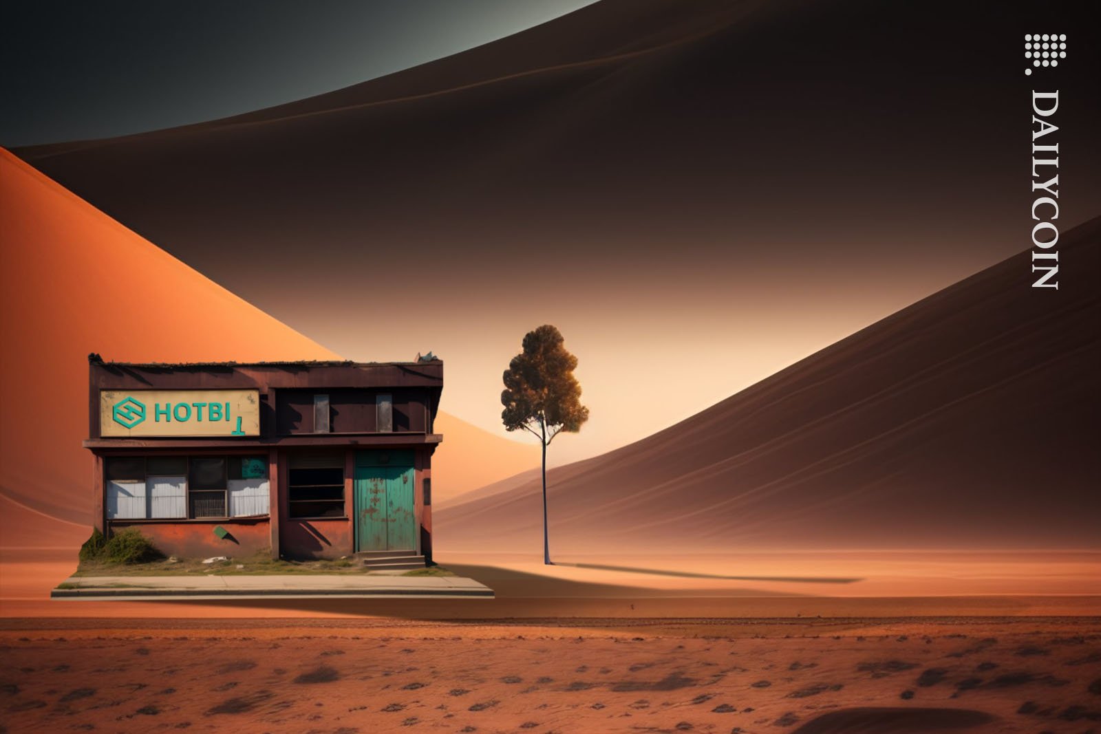 An abandoned Hotbit office in a desert.