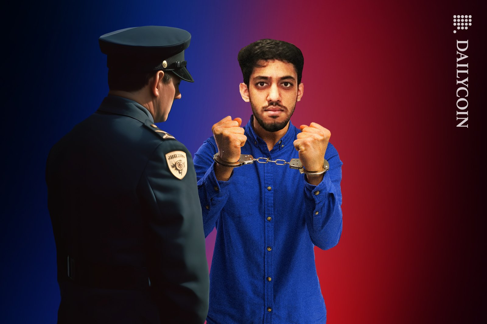 Policeman arresting former Coinbase product manager Ishan Wahi.