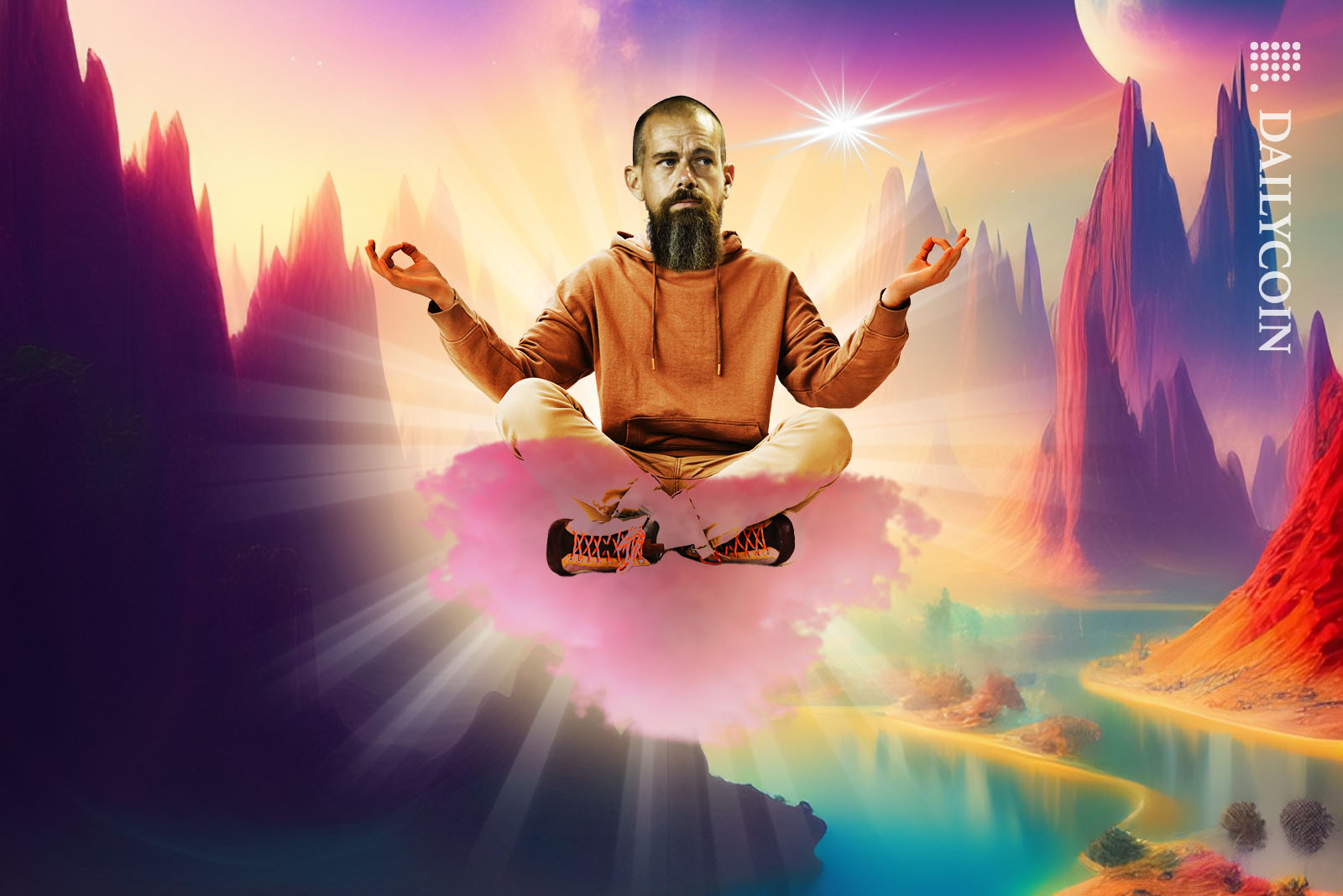 Jack Dorsey floating around a fairytale land on a pink cloud meditating, whilst keeping an eye on a spark next to him.