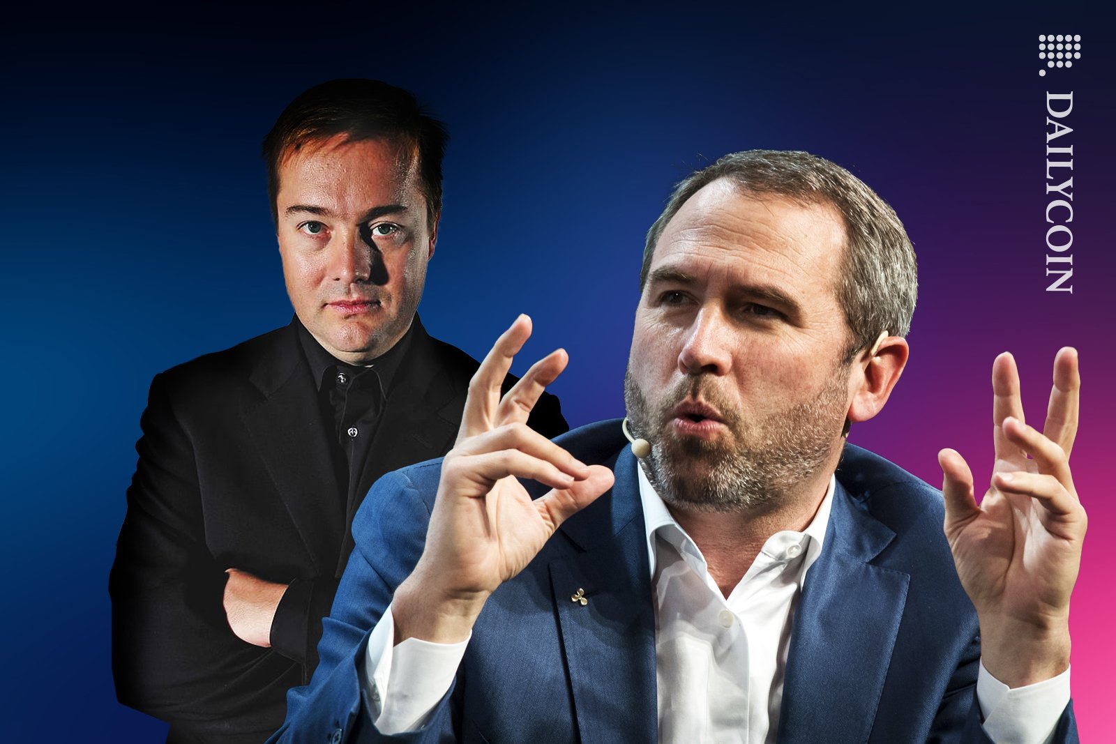 Brag Garlinghouse showing air quote fingers. Jason Calacanis standing in the background with his arms crossed.