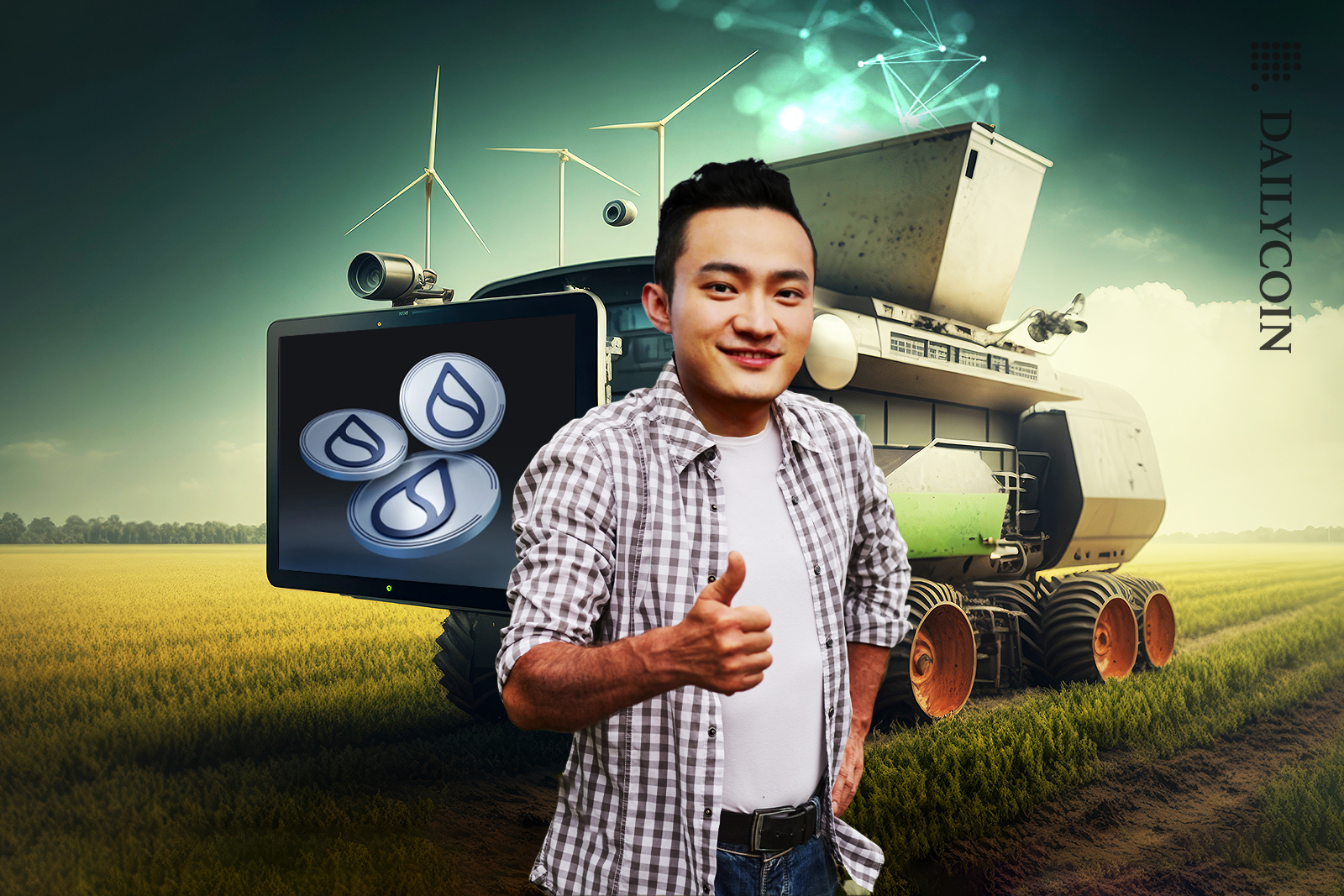 Justin Sun showing thumbs up on a farm with farming machine behind him with a screen of SUI tokens and DeFi.