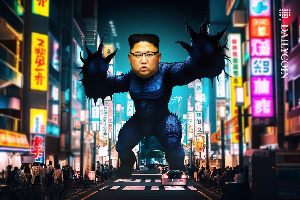 Kim Jong Un dressed as a monster in the middle of Tokyo.