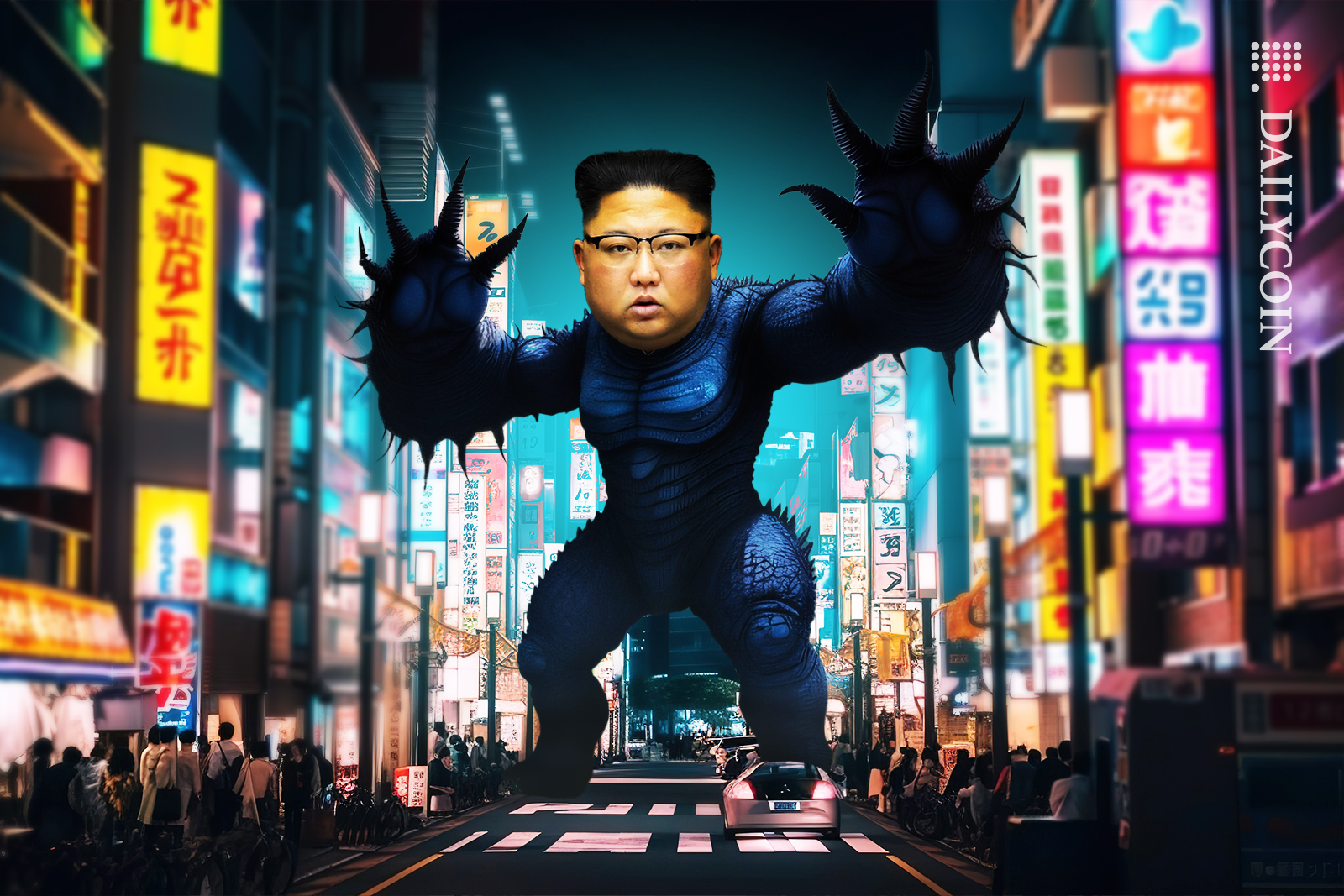 Kim Jong Un dressed as a monster in the middle of Tokyo.