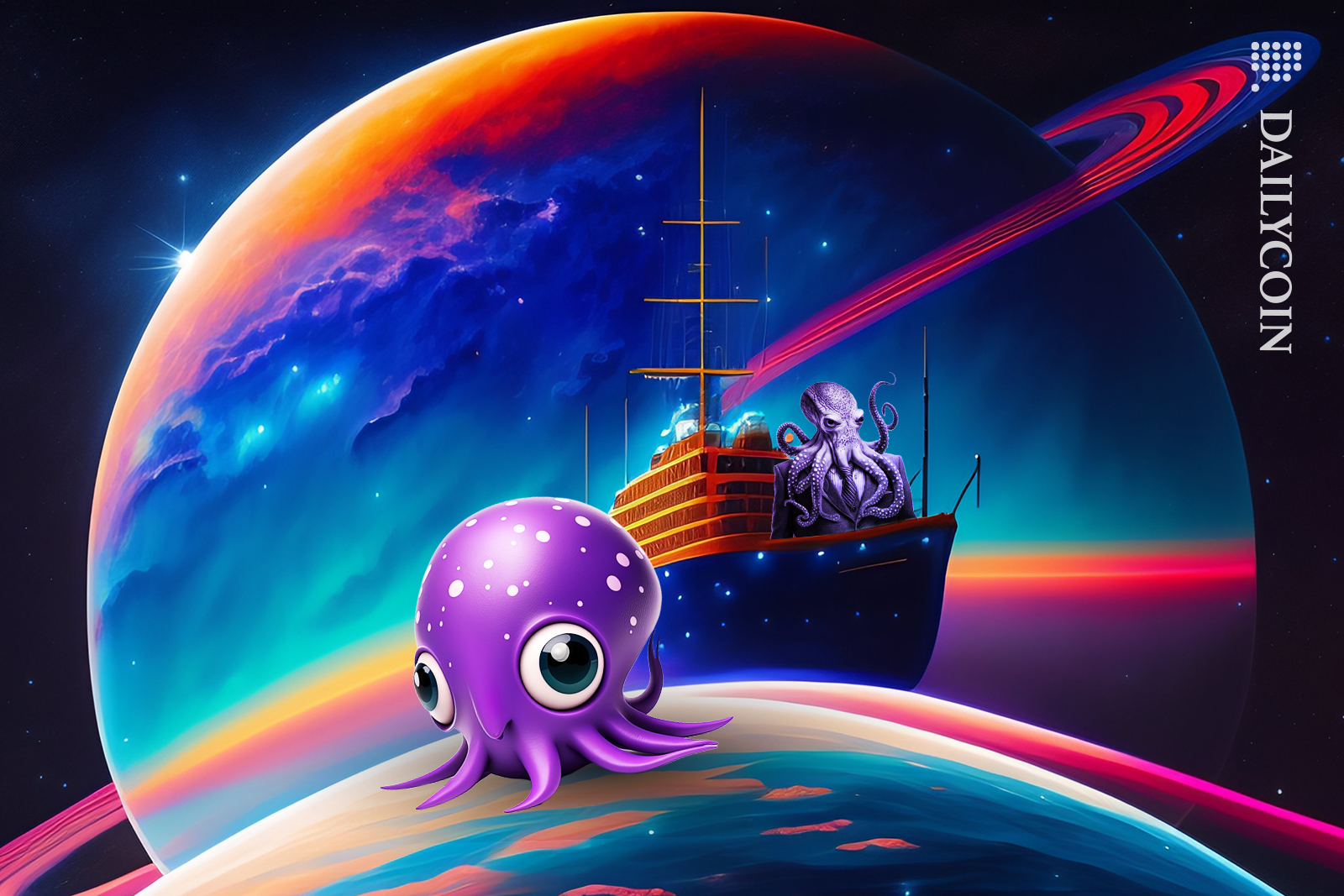 An octopus businessman on a ship sailing in the outer space behind a cute tiny octopus waving at him.