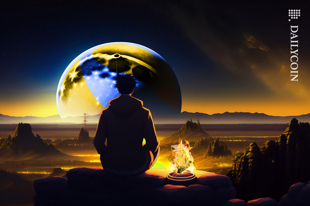 A guy sitting on a cliff next to burning documents overlooking the horizon and moon with a LUNC logo.