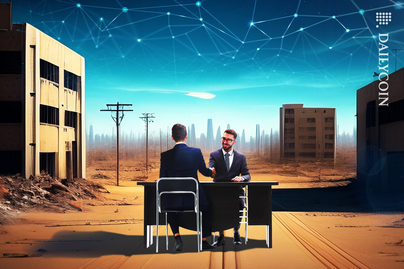 Two lawyers shaking hands sitting by a desk on a dusty road in an abandoned, ruined city below a sky of blockchain.