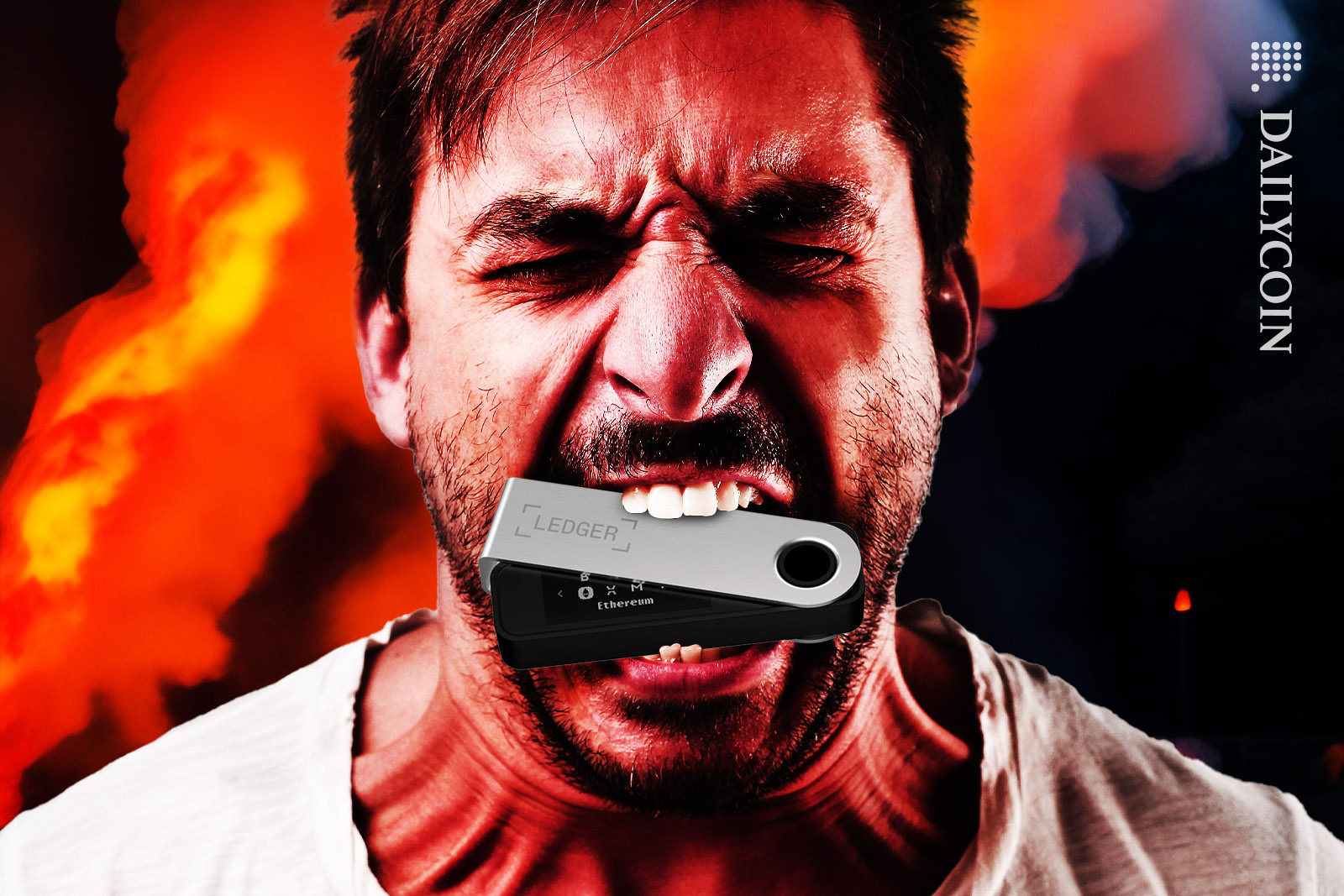 A closeup of a man red with anger, biting down on a Ledger nano in front of an inferno.