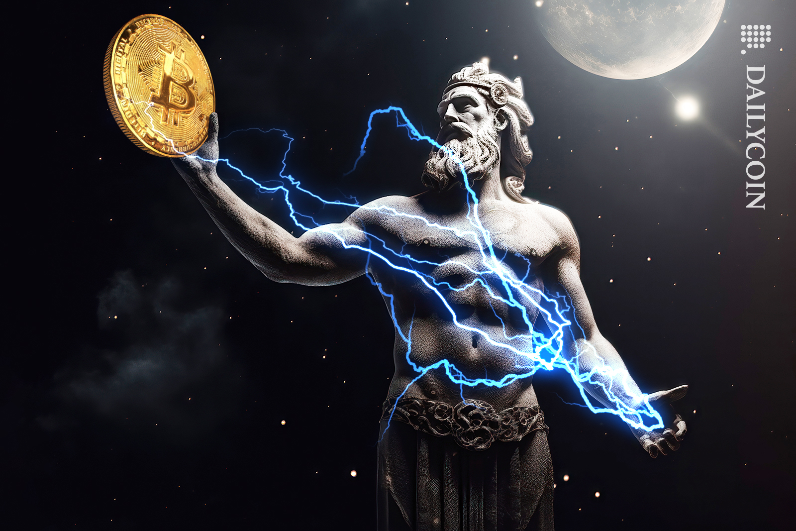 Zeus in the night, holding up a bitcoin and the other hand, is releasing lightning to power the bitcoin.