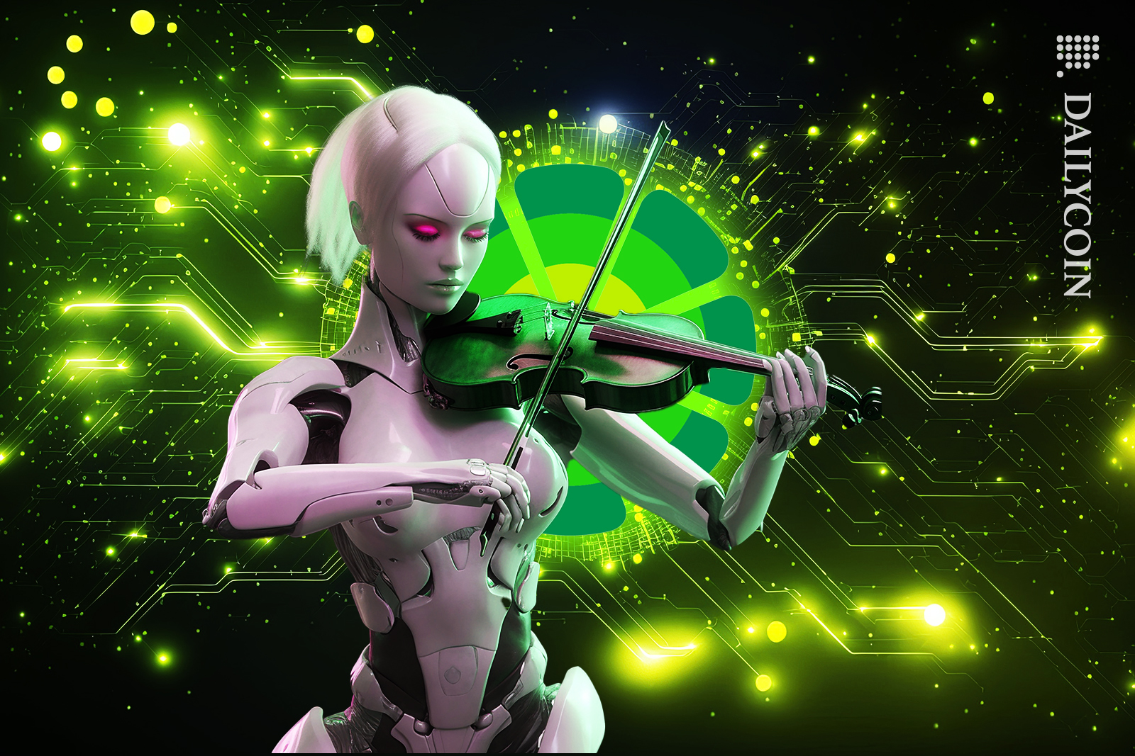 Robot lady playing the violin in front of lime wire logo and DeFi technology beam.