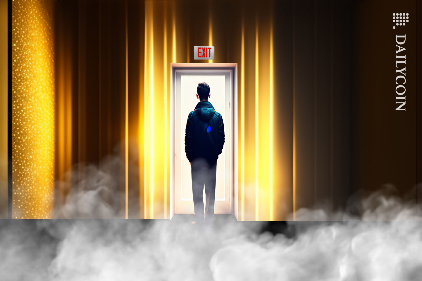 Man standing in front of a door, getting ready to exit the smoke filled room.