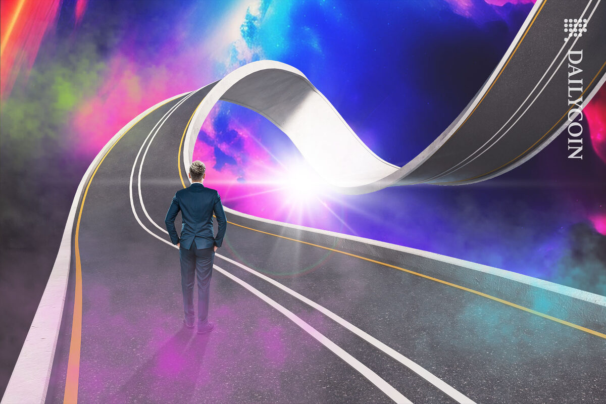 A man looking at the very long road ahead in a very colourful galaxy.