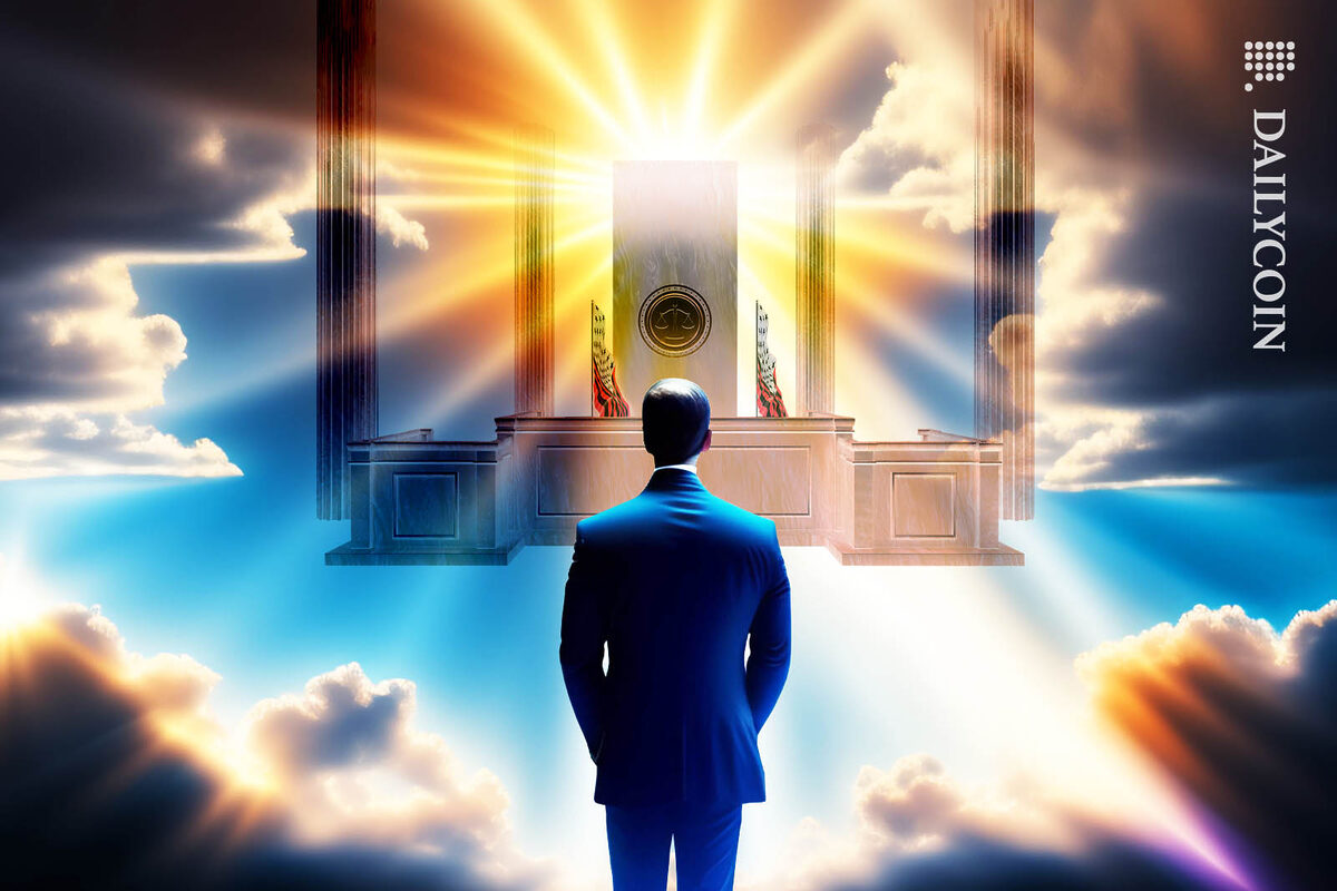 A man staring at an empty courtroom hanging from the heavens , lit by strong sunlight from behind.
