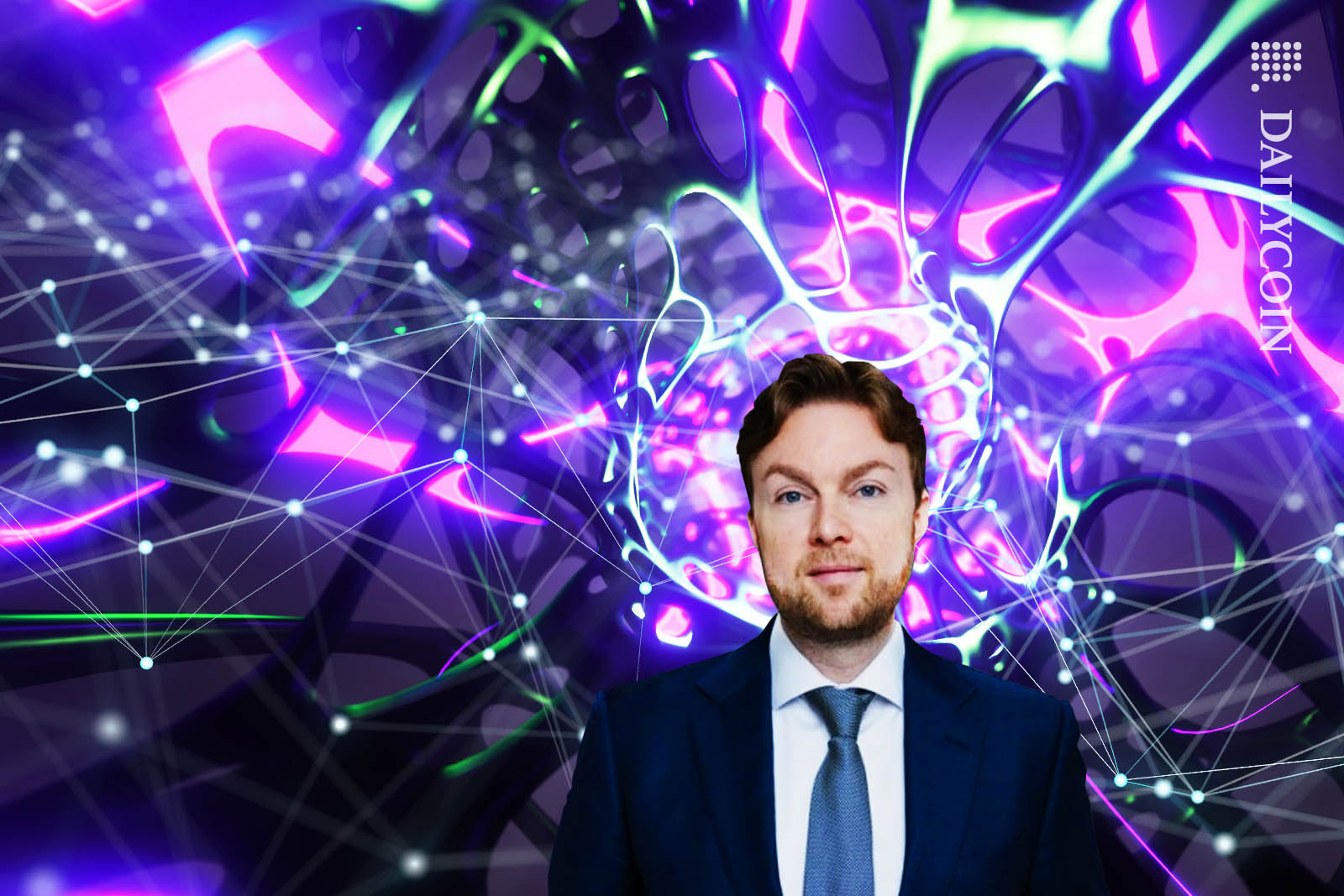 Markus Thielen Author of Crypto Titans "Everything is connected" posing in front of purple and blue abstract graphics suggesting connection.
