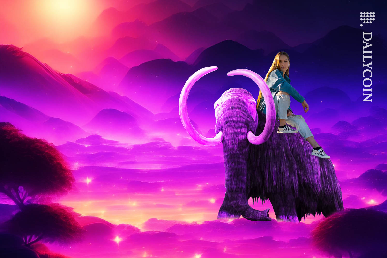 Girl riding a mastodon in an alien landscape.