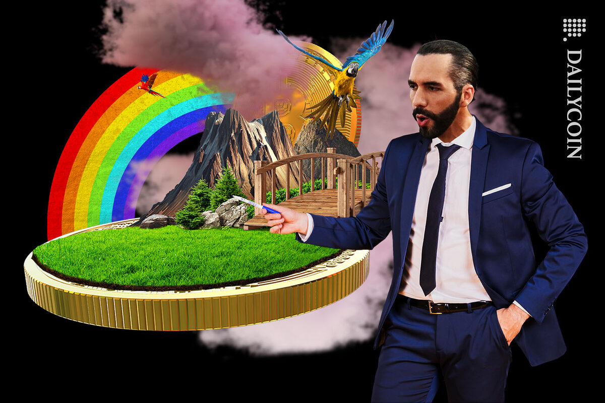 Nayib Bukele presenting a dreamy El Salvador with rainbow and pink clouds built on floating Bitcoin.