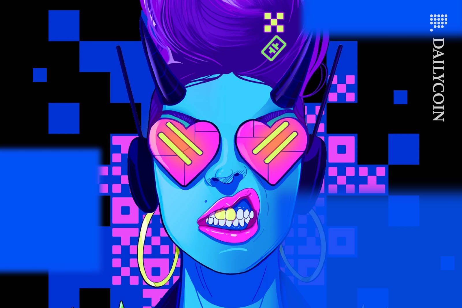 Girl portrait in colorful cyberpunk style with OKX written in pink on the background.