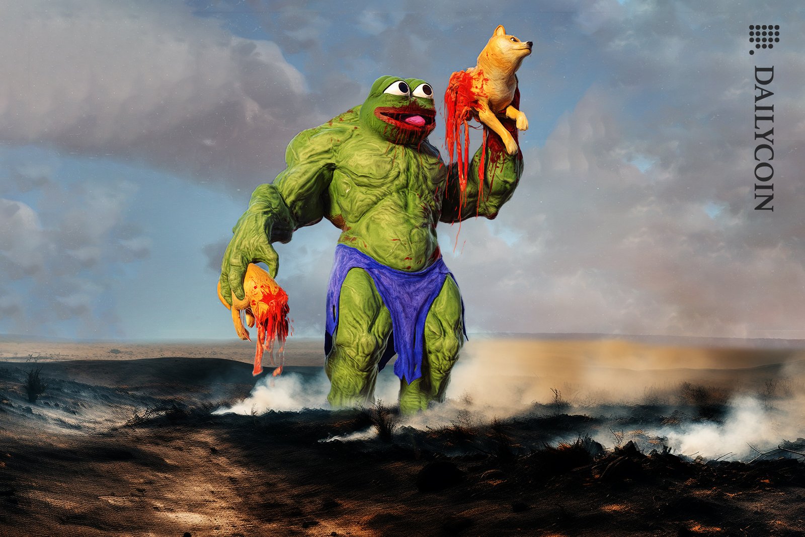 A giant muscular PEPE Eating DOGE by Beeple, in a smoky land.