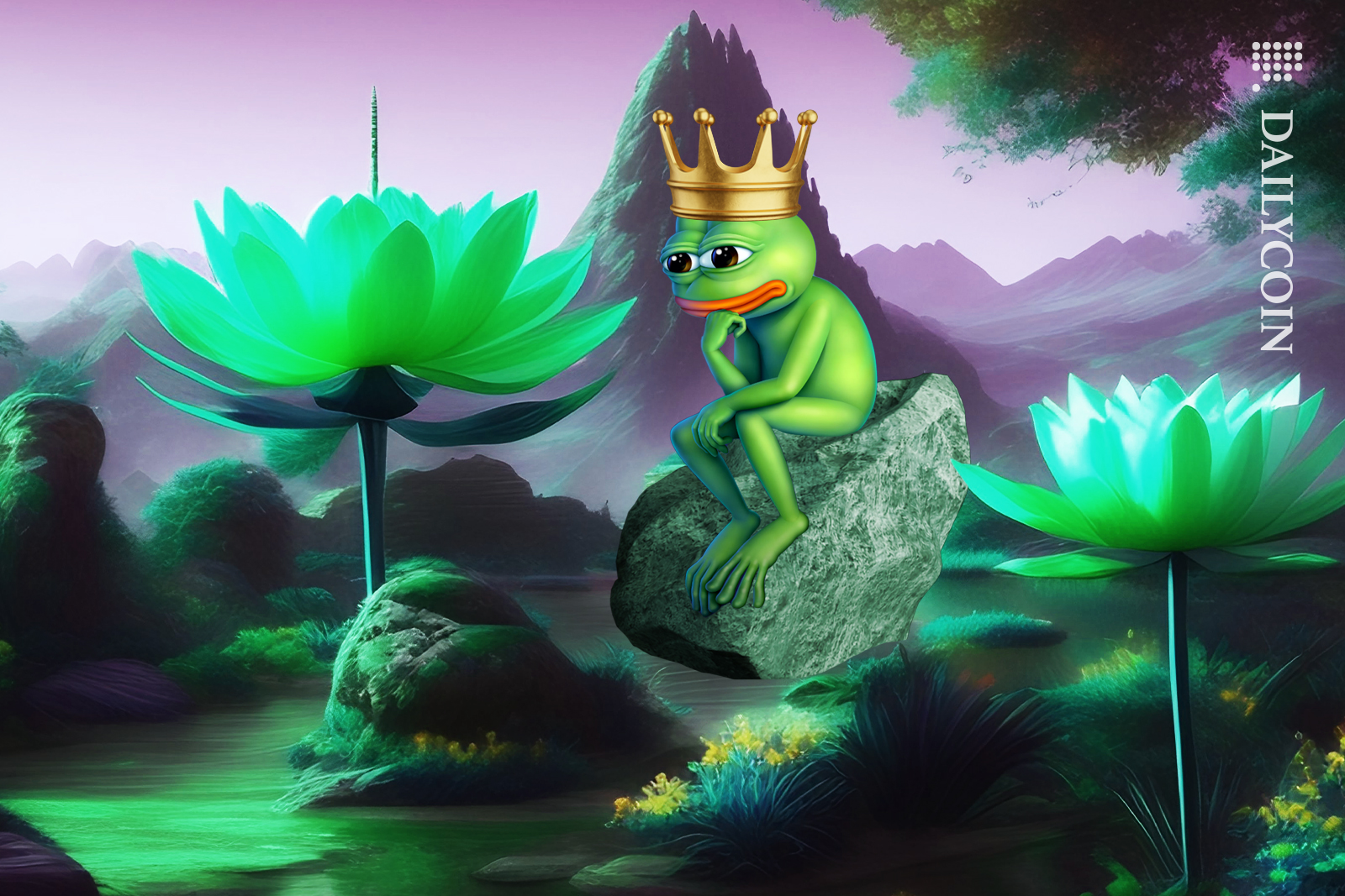 Pepe with a crown sitting on a rock in a pond surrounded with lilies.