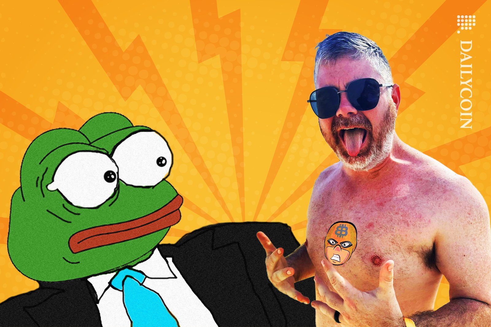 Angry PEPE looking at BITBOY who is posing shirtless with his tongue out.