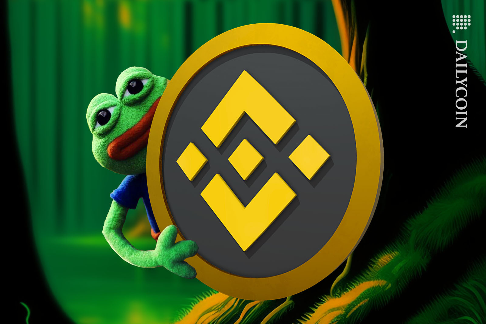 Pepe the frog peeking out from behind a Binance logo in a swamp.