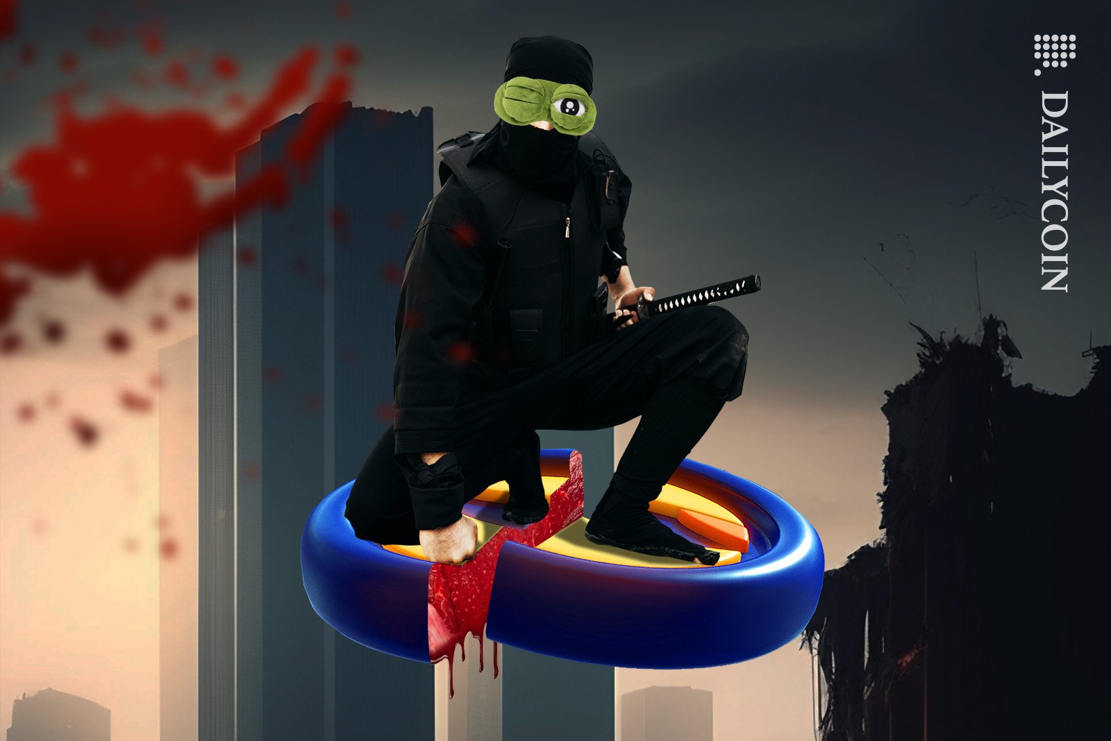 A ninja wearing a PEPE the frog mask standing on a slaughtered LUNA coin.