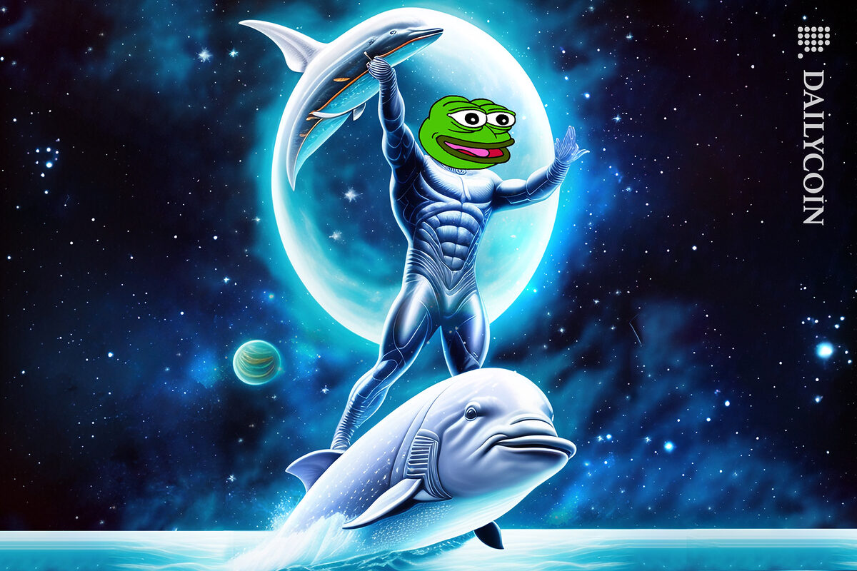 Pepe meme character surfing on a giant fish in a silver muscle suit. Galaxy and stars surround him and he is holding a fish.