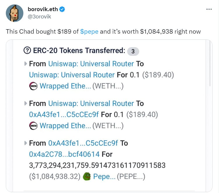 Twitter post explaining how meme coin trader turned $189 into over one million with one PEPE trade.
