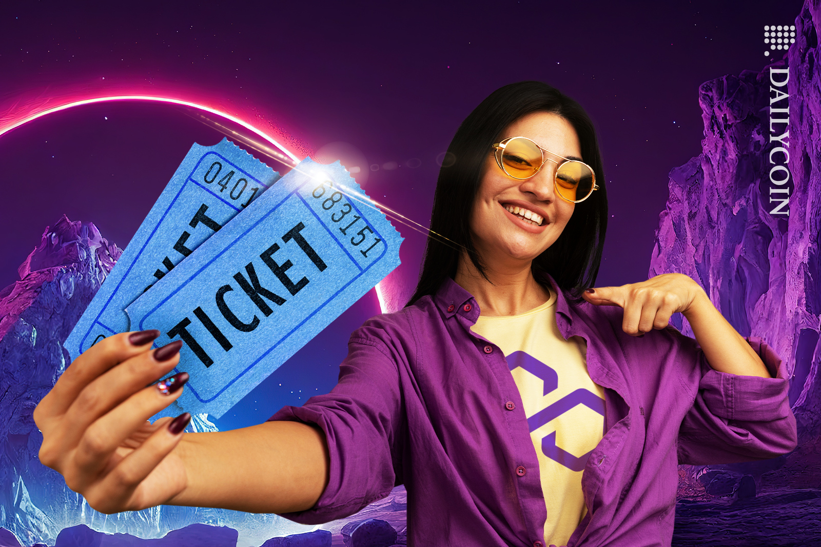Woman with a Polygon T-shirt wearing sunglasses is holding two tickets and smiling at a neon land.