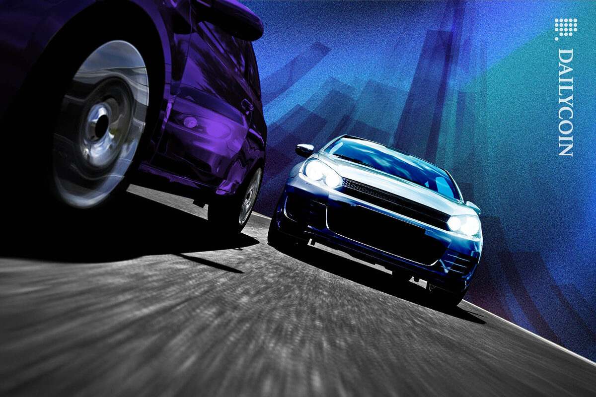 A purple car taking over of a blue one on a digital race track.