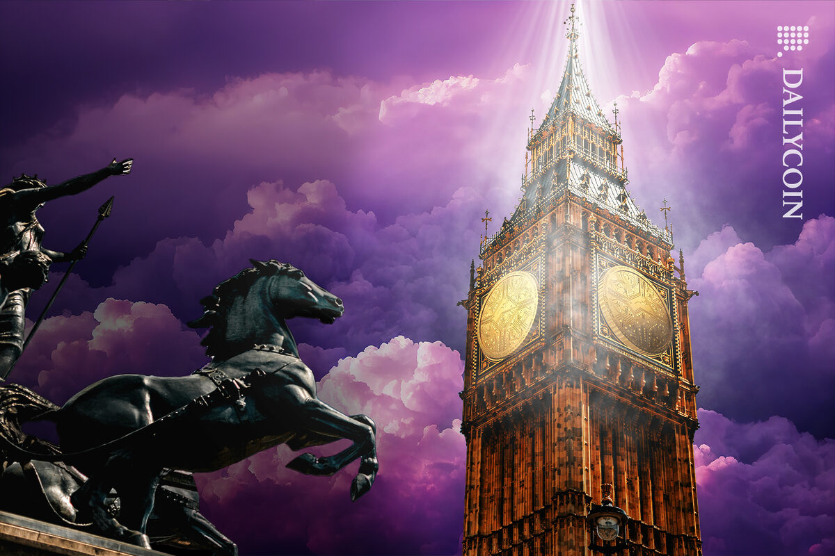 A smoky light coming out from the top of the Big Ben with DeFi coins instead of clocks next to a sculpture of a man with a horse.
