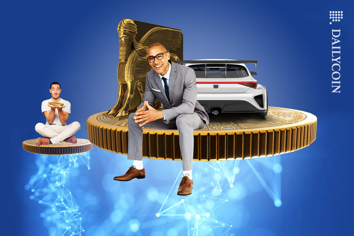 Smilling man sitting on a crypto coin held up by DeFi. On top of the coin there's a sportscar and Egyptian gold statue. Behind there is a man on another hovering coin with a peace of gold in his hand.